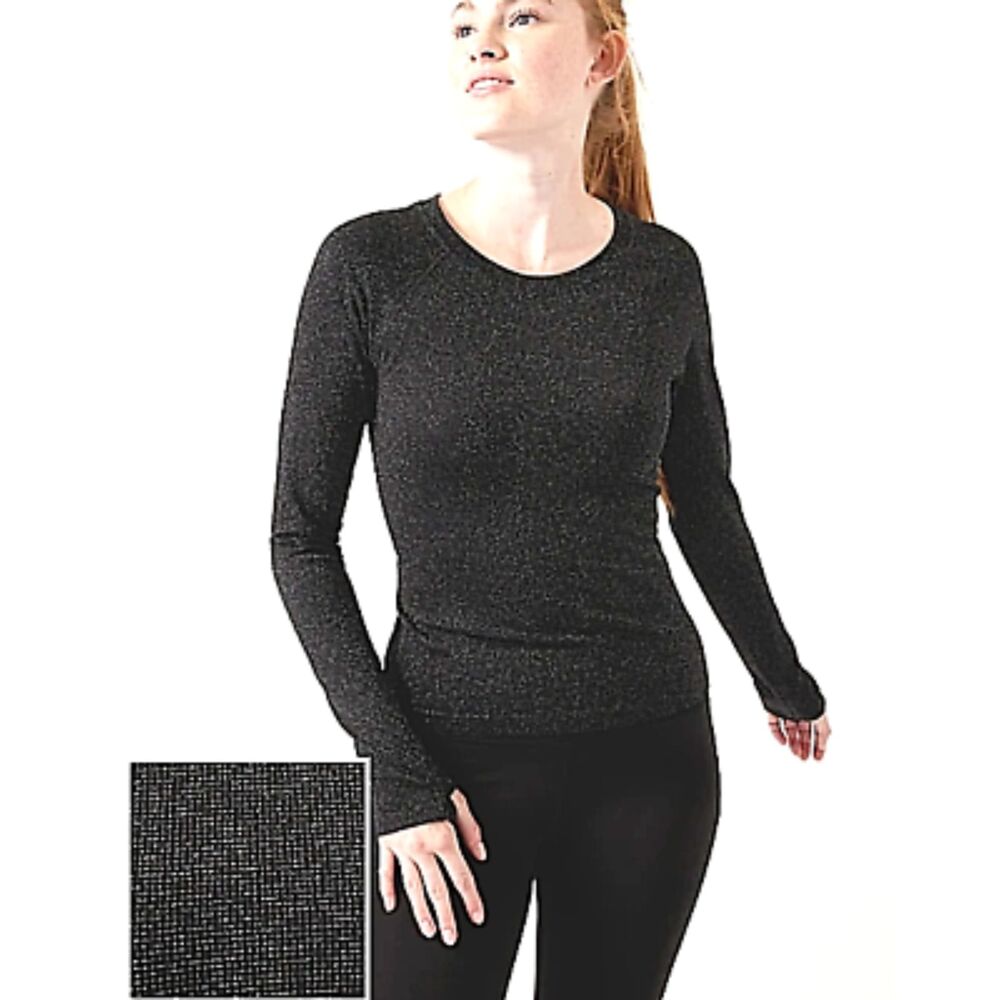 NWT ATHLETA MOMENTUM SEAMLESS TOP in BLACK & SILVER Sparkle Shimmer